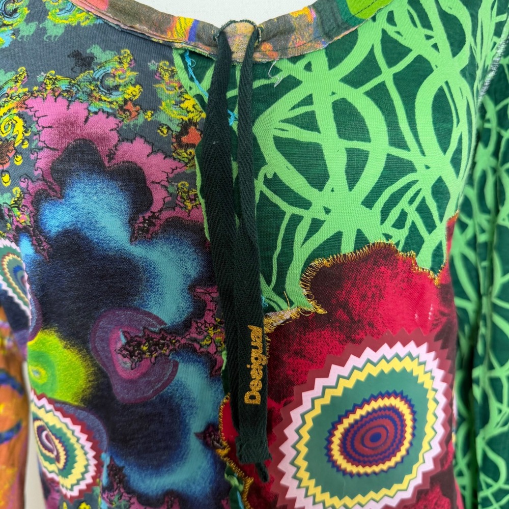 Desigual Patchwork Graphic Long Sleeve Top Green Multi Womens Medium Boho Shirt - Picture 4 of 13
